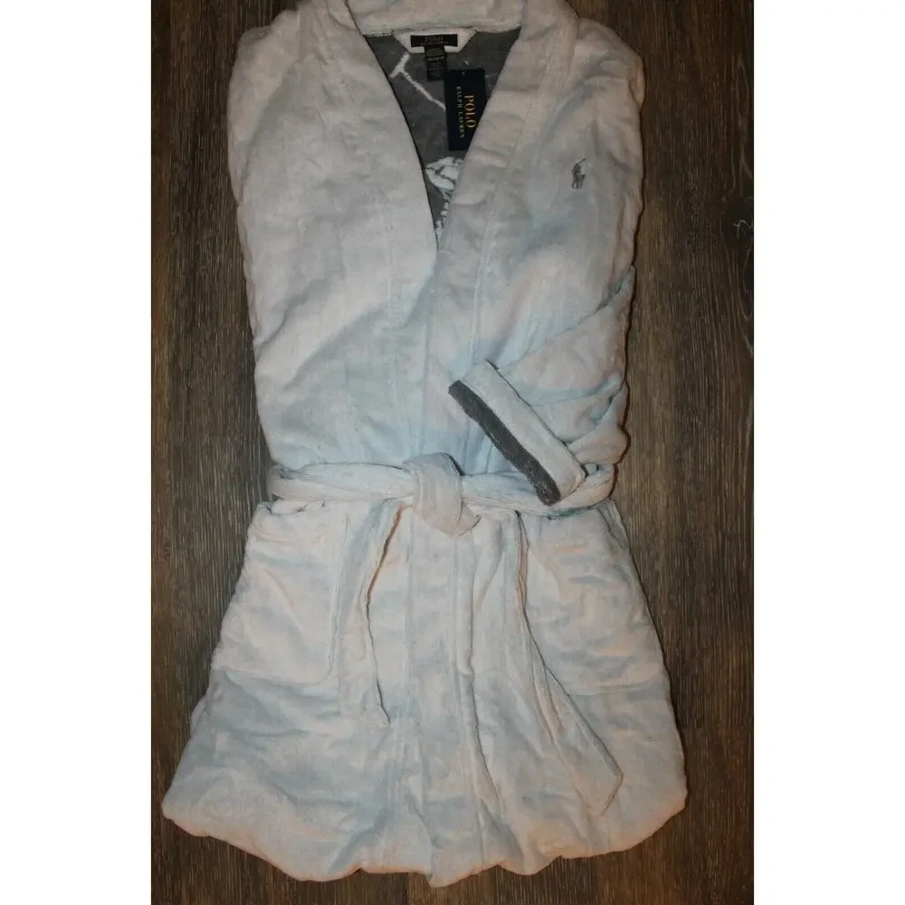 NWT RALPH LAUREN Large Polo Pony Plush Velour Bath Robe White‎ Gray $150